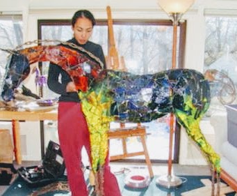 Photo of mixed media horse sculpture with artist Brenna Kimbro